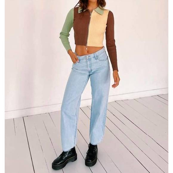 NEW PRETTY GARBAGE zip up crop cardigan in green/brown/yellow colorblock - Picture 2 of 4